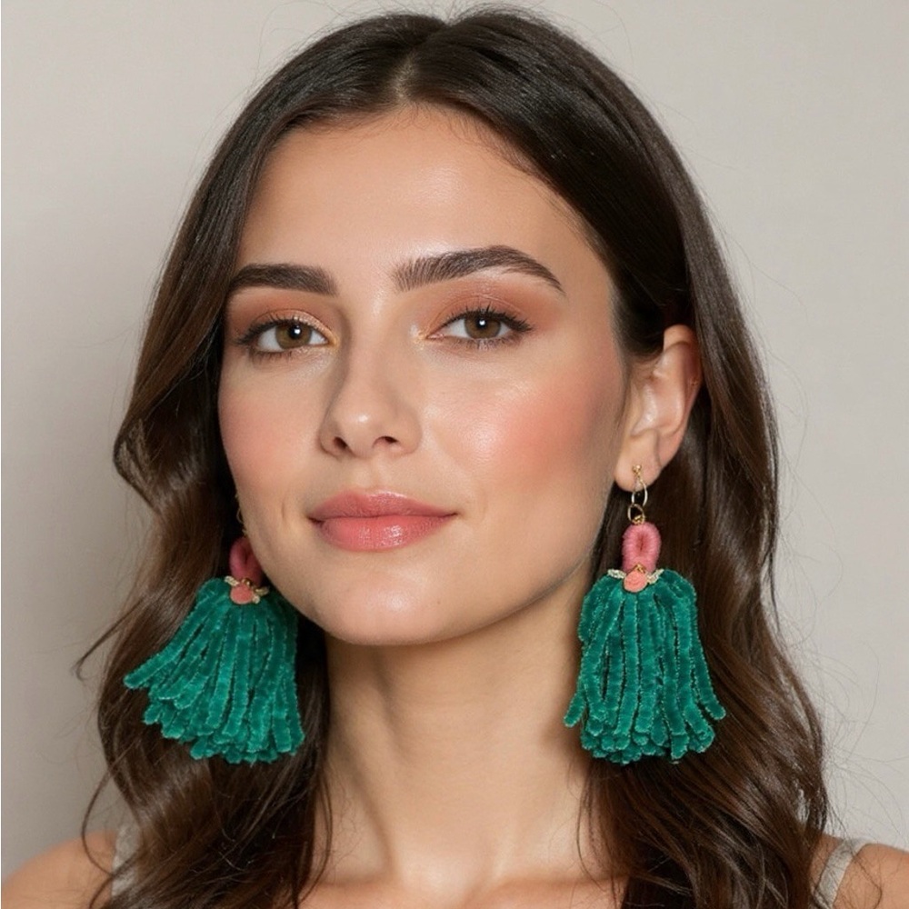 Elegant Green and Pink Tassel Earrings